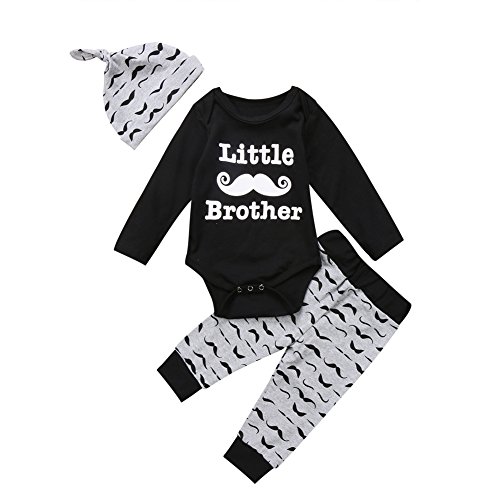 Conjunto de 3 Piezas para recién Nacidos, bebés, niños de Manga Larga, Mono, Bigote, Pantalones, Sombrero, Trajes - Negro - 0-6 Meses Conjunto de 3 Piezas para recién Nacidos, bebés, niños de Manga Larga, Mono, Bigote, Pantalones, Sombrero, Trajes - Negro - 0-6 Meses