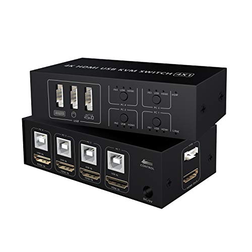Conmutador KVM Switch HDMI 4 puertos, 4K @60Hz 4 en 1 salida Caja de conmutador USB KVM para 4 PC, teclado, ratón, monitor, compatible con computadora portátil, PC, PS4, Xbox HDTV