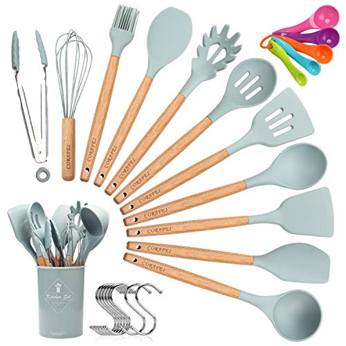 CORAFEI 11 Piezas Utensilios de Cocina Silicona y Madera Espátula Cuchara Pinza para espagueti con olla de almacenamiento 5 cucharas de medir y 10 ganchos