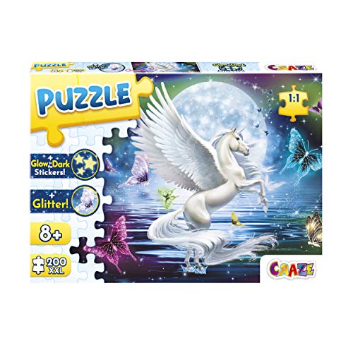 CRAZE Moonlight Pegasus 200+ Teile mit Glitzerdruck und Leuchtsternen Puzzle für Kinder AB 8 Jahren, 30196 30196-Puzzle para niños a Partir de 8 años, diseño de Estrellas Brillantes