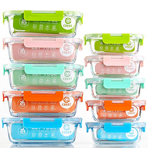 CREST Juego de 10 Recipiente - Contenedor de Almacenamiento de Alimentos de Vidrio - 20 piezas (10 envases + 10 tapas) Para preparar alimentos - Sin BPA CREST Juego de 10 Recipiente - Contenedor de Almacenamiento de Alimentos de Vidrio - 20 piezas (10 envases + 10 tapas) Para preparar alimentos - Sin BPA