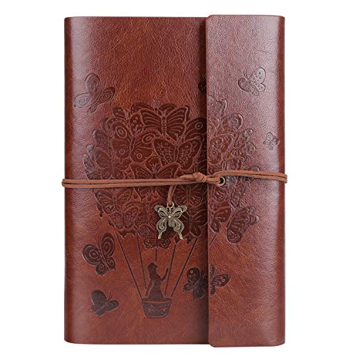 Cuaderno de cuero sintético con espiral de viaje con papel rayado clásico en relieve retro colgantes A5 23,6 x 16 cm (marrón)
