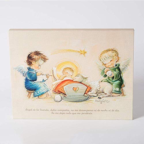 Cuadro Infantil Angelitos con niño Jesús y oración"Angel de la guarda…" 30x40cm. Ilustración de Juan Ferrándiz impresa en lienzo. Serie limitada y numerada. Regalo Bautizo