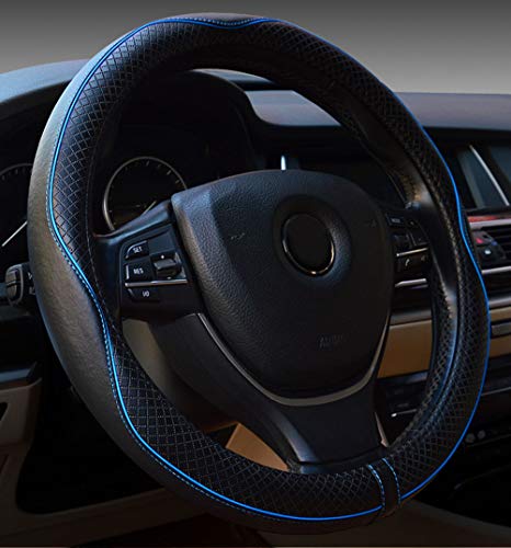 Cubierta de volante de cuero de microfibra para automóvil, 15 pulgadas, negro azul Cubierta de volante de cuero de microfibra para automóvil, 15 pulgadas, negro azul