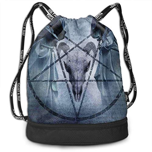 DDHHFJ Multifunctional Drawstring Backpack for Men & Women, Artwork with Pentagram Icon Goat Skull Devil Dream Hooded Figure Exorcist Image,Travel Bag Sports Tote Sack with Wet & Dry Compartments