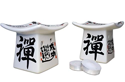 Desconocido Conjunto de 2 Quemadores de Aceites Esenciales de Cerámica con Motivos Japoneses - Zen. Incluye 2 Velas / 9x8cm
