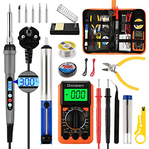Distianert Kit de Soldador Eléctrico 19PCS, 60W Soldador Estaño LED Digital, Temperatura Ajustable con Multímetro Digital, Soporte, Alambre de Soldadura, Bomba de Desoldar para Reparado Distianert Kit de Soldador Eléctrico 19PCS, 60W Soldador Estaño LED Digital, Temperatura Ajustable con Multímetro Digital, Soporte, Alambre de Soldadura, Bomba de Desoldar para Reparado