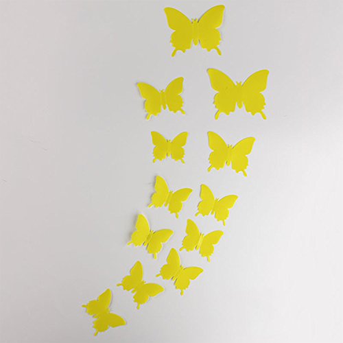 DP Design® - Juego de 12 mariposas adhesivas amarillas de PVC efecto 3D para pared, armario, espejo, decoración de la casa, color amarillo