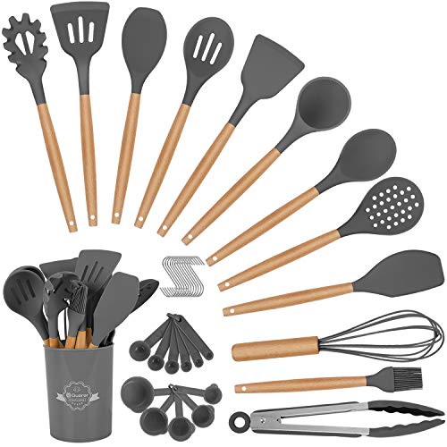 Duerer Utensilios Cocina de Silicona, juego de utensilios de cocina 36 piezas, herramienta de cocina antiadherente resistente al calor con mango de madera (sin BPA)