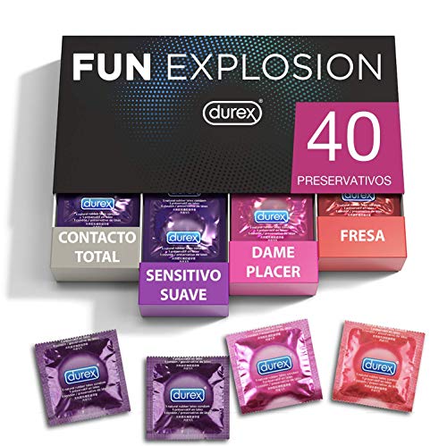 Durex Preservativos Fun Explosion Mixtos Sabor Fresa, Dame Placer, Sensitivo Suave y Contacto Total, 40 Condones, 52 y 56 mm