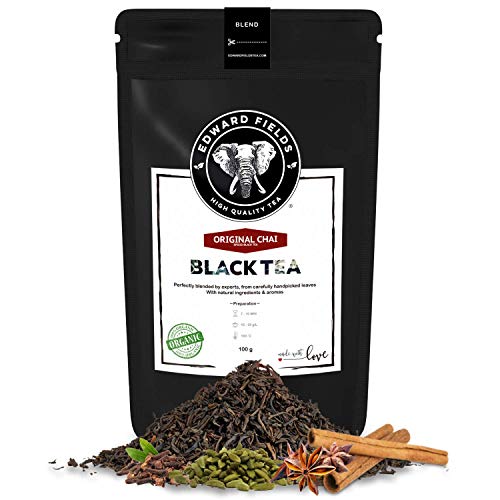 Edward Fields Tea ® - Té Chai negro orgánico a granel. Té bio recolectado a mano con ingredientes y aromas naturales, 100 gramos, India.