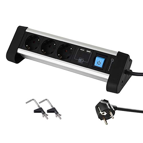 Electraline 62553 Regleta Base Múltiple para Mesa de Trabajo, con 3 Tomas Schuko + 2 Portas USB 2.4A, 2M, Fijacion con 2 Soportes Incluido, Color Metálico