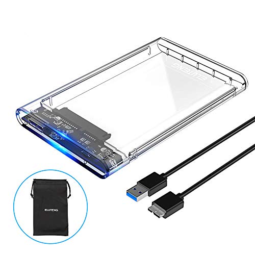 ELUTENG Caja Disco Duro 2.5 USB 3.0 6 Gbps UASP Carcasa Disco Duro de HDD SSD SATA I/II/III de 7mm 9.5mm No Requiere Herramientas con Cable USB3.0 [Transparente]