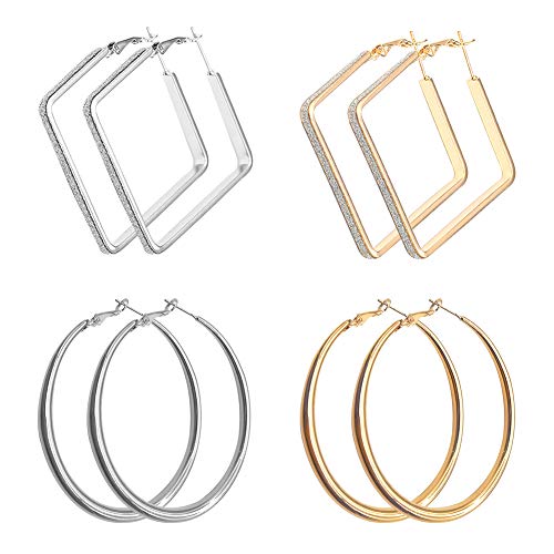 EQLEF Aros Pendientes Plata, Grandes Pendientes Redondos y Cuadrados para Mujer Pendientes de aro de Metal de aleación 4 Pares (Oro y Plata) EQLEF Aros Pendientes Plata, Grandes Pendientes Redondos y Cuadrados para Mujer Pendientes de aro de Metal de aleación 4 Pares (Oro y Plata)