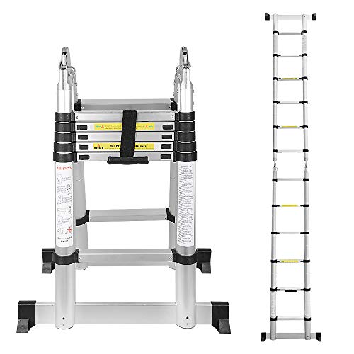 Escalera telescópica de aluminio 3,8M lado doble 1,9M + 1,9M escalera telescópica escalera plegable escalera de usos múltiples escalera de 150 kg de capacidad