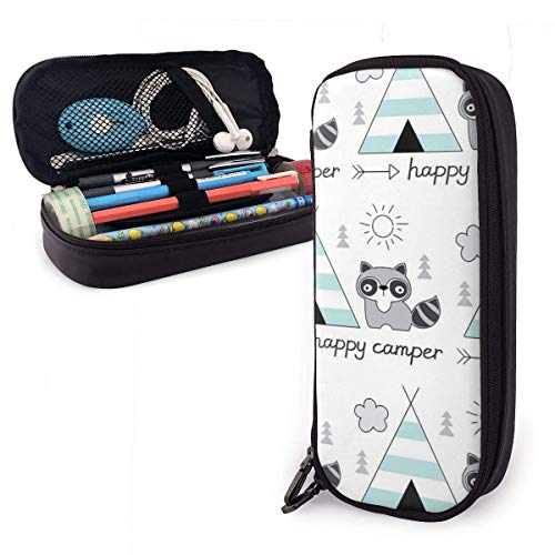 Estuche para lápices de gran capacidad Estuche para bolígrafos Bolso de cuero Durable para estudiantes Caja de papelería Organizador para la oficina de la escuela Happy-Cam-per-with-Tent Raccoon