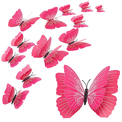 Etiqueta engomada de la pared de la mariposa de 12 pedazos, mariposa magnética 3D de dos capas, etiquetas de la pared de la mariposa de la simulación para el hogar, la cocina, el jardín (Rosado)
