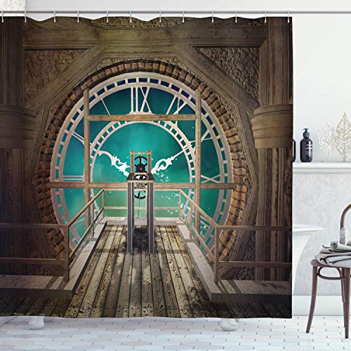 Fabric Shower Curtain Liner with Hooks Steampunk Fantasy Background Print of Inside View of Clock Tower Wooden Mezzanine Pale Brown Turquoise Waterproof Curtains Set for Bathroom Decor 72 X 80''