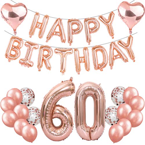 Feelairy 60 Cumpleaños Globos Decoración Oro Rosa, Banner Happy Birthday Globo Carta, Gigante Globos de Papel Aluminio Número 60 y Corazón Globos, 60 Años Fiesta de Cumpleaños para Mujer