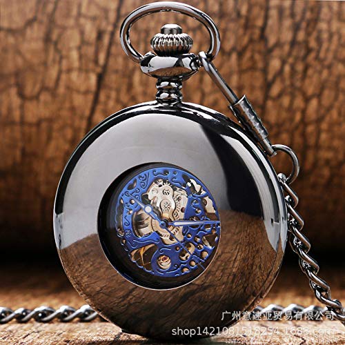 FEELHH Reloj De Bolsillo De Cadena Vintage,Cañón De Acero De Tungsteno De Moda Retro Negro Brillante Mecánica Reloj De Bolsillo Cara Azul Abra Reloj De Bolsillo Reloj De Hombre