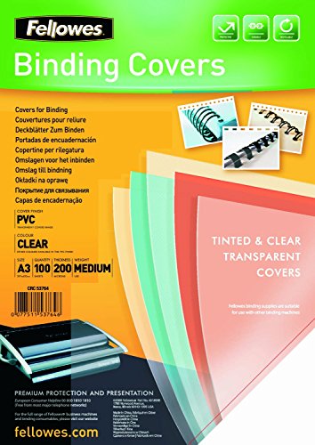 Fellowes Portadas para encuadernar de PVC transparente, formato A3, 200 micras, pack de 100, Cristal