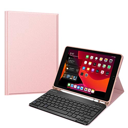 Fintie Funda con Teclado Español Ñ para iPad 10,2" 2020/2019 (8/7.ª Gen) con Soporte Integrado para Pencil - Carcasa Trasera de TPU Suave y Teclado Inalámbrico Magnético Desmontable, Oro Rosa