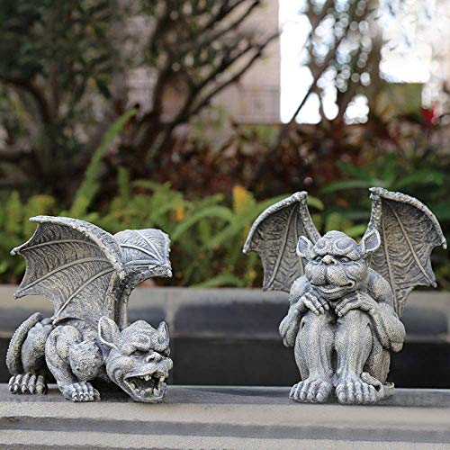 FLYTYSD Grande con Alas Dragón Gris Resina Mítico Monstruo del Ornamento Animal Figurita Gárgola Estatua del Jardín Suerte Escultura para Patio, 2Pcs