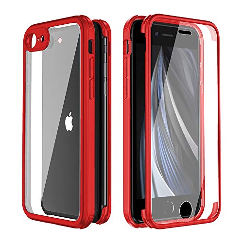 FMPCUON Funda Compatible con iPhone SE (2020), Carcasa Móvil de Protección 360° 2 en 1 Protector Caso Case Cover Cubierta, Vidrio Templado Frontal y Posterior de diseño de una Pieza, Rojo