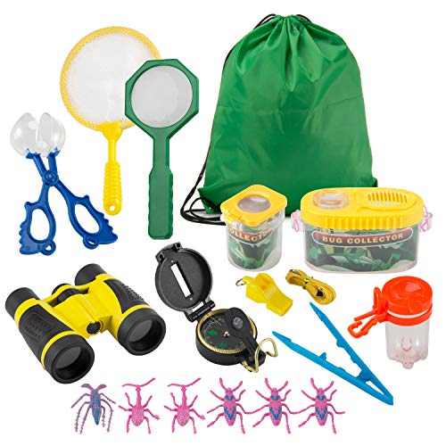 FORMIZON Kit de Exploración para Niños 17 Piezas, Outdoor Explorer Kit Regalos Juguetes, Binoculares, Silbato, Brújula, Lupa, Clip de Insectos, para Niños para Acampada y Senderismo (A)