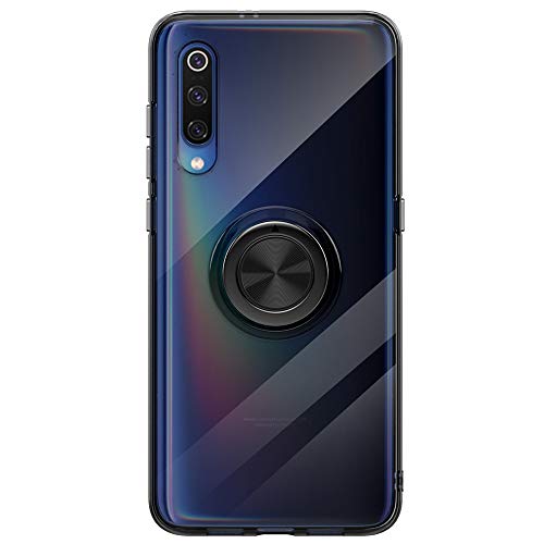 Funda Compatible con Xiaomi Mi 9/Mi 9 SE Teléfono Móvil Silicona Bumper Case Caja con Anillo Giratorio de 360 Grados Rotaria Ring Holder Protectora Caso (Transparente + Negro, Xiaomi Mi 9)