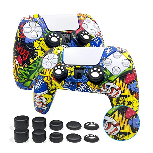 Funda protectora antideslizante de silicona para mando de PS5 DualSense X2, con 10 cabezales para mando de PS5 con transferencia de agua (pintura de salpicaduras) de la selva X2