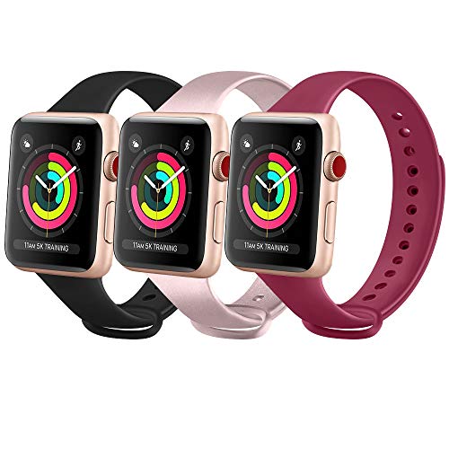 FUUI Correa Compatible con Apple Watch 38mm 42mm 40mm 44mm, Pulseras de Repuesto de Silicona Suave para iWatch Series 6 5 4 3 2 1 SE, Mujer y Hombre(3 Pack)(38mm/40mm S/M, Oro Rosa/Vino Rojo/Negro)
