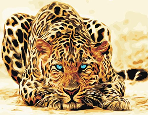 Fuumuui Lienzo de Bricolaje Regalo de Pintura al óleo para Adultos niños Pintura por número Kits Decoraciones para el hogar-Leopardo de Ojos Azules 16 * 20 Pulgadas