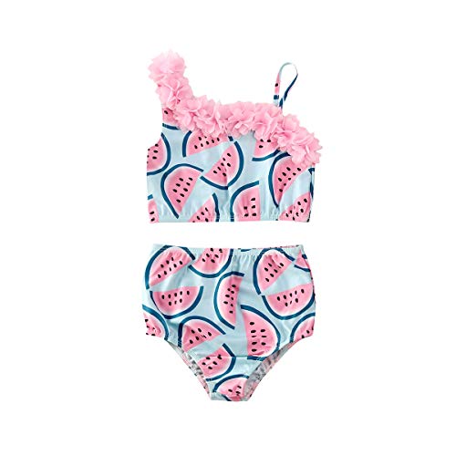 Geagodelia - Conjunto de 2 piezas de bikini para niña de verano rosa con impresión de sandía, camiseta y cuello de flores sin espalineo + calcetines de playa Rosa 3-4 Años