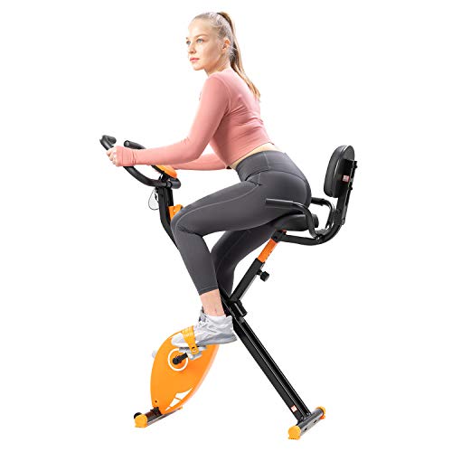 GEARSTONE Bicicleta Estática Plegable con Respaldo, Bicicleta de Fitness con 8 Niveles de Resistencia, Monitor de Pantalla LCD con Sensor de Frecuencia Cardíaca