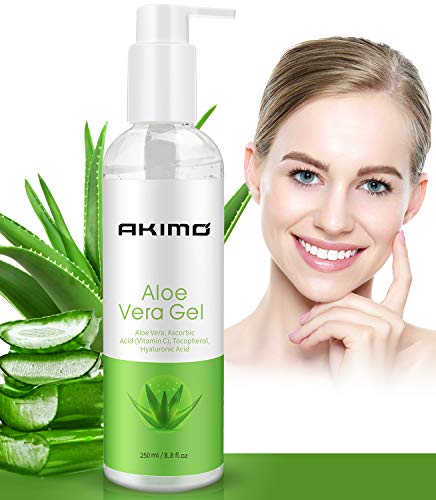 Gel orgánico de aloe vera con ácido hialurónico, AKIMO Puro Gel calmante de aloe vera 100% natural para la cara, cuerpo, cabello, Cuidado de las quemaduras solares. 250ml / 8.8 fl oz