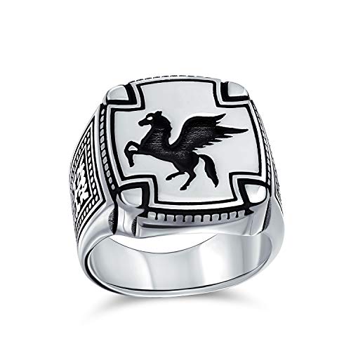 Grande 2 tono antiguo griego mítico caballo volador criatura Pegasus Signet anillo para los hombres adolescente oxidado 925 plata de ley