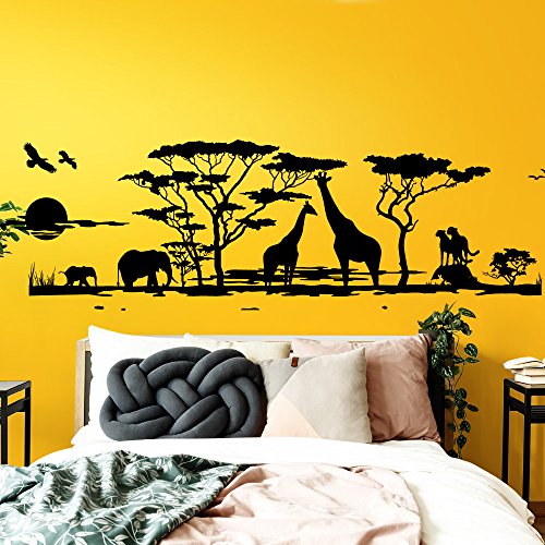 Grandora W683 Tatuaje de Pared África Sabana Animales I Negro 190 x 58 cm I Elefante Jirafa salón habitación Adhesivo de Pared Adhesivos murales