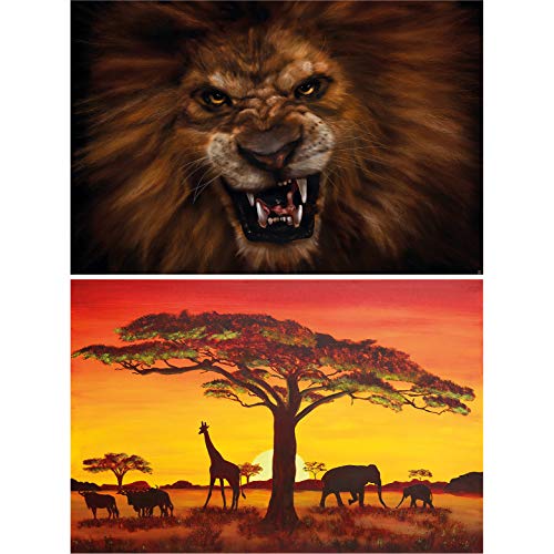 GREAT ART Set de 2 Posters XXL – Animales de la Sabana - león rugiente y África Siluetas al Atardecer Jirafa búfalo estepa decoración de Verano decoración de la Pared (140 x 100 cm)