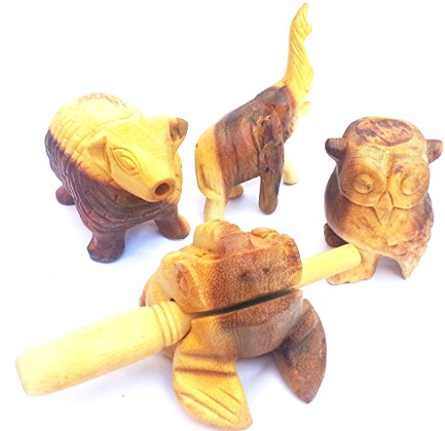 Guiro infantil de rana musical, instrumentos, juego de madera de madera para niños, adulto, para niña, niña, adulto, Guiro, juego de 4, elefante, 10 cm, ovejas 12 cm, búho 5 cm, rana 11 cm