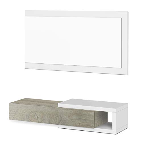 Habitdesign Recibidor con Cajon y Espejo, Mueble de Entrada, Modelo Noon, Acabado en Blanco Artik y Roble Alaska, Medidas: 95 cm (Ancho) x 19 cm (Alto) x 26 cm (Fondo) Habitdesign Recibidor con Cajon y Espejo, Mueble de Entrada, Modelo Noon, Acabado en Blanco Artik y Roble Alaska, Medidas: 95 cm (Ancho) x 19 cm (Alto) x 26 cm (Fondo)