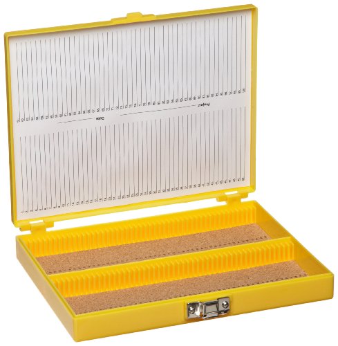 Heathrow Scientific HD15994D - Caja para portaobjetos (revestimiento interior de corcho, capacidad: 100 portaobjetos, longitud x anchura x altura: 208 mm x 175 mm x 34 mm), color amarillo