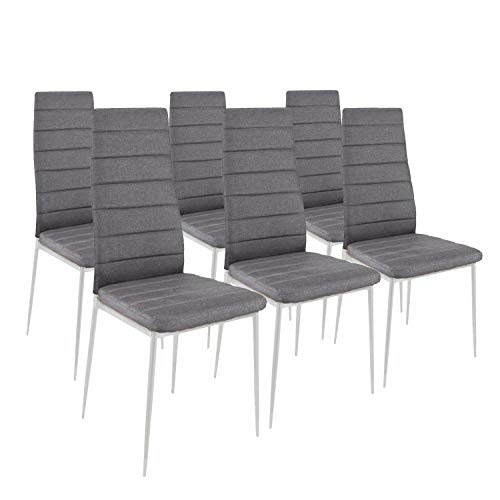 HomeSouth - Pack Seis sillas tapizadas Tela Gris, Silla Color Gris Patas metálicas Blancas, Medidas: 44 cm (Ancho) x 96 cm (Alto) x 42 cm (Fondo)