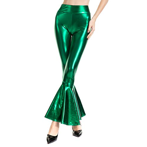 Ibakom - Pantalones largos para mujer, de piel sintética, con aspecto brillante, discoteca, club nocturno, estilo bailarina de los años 70 verde XXL