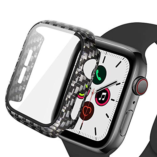 iBazal Caso Compatible con Apple Watch 44mm Serie 5/Serie 4 Funda Templado PC Case y 360° Vidrio Protector de Pantalla, Slim Cover de Bumper reemplazo para iWatch Series 5/4 44mm - Fibra Carbon 44