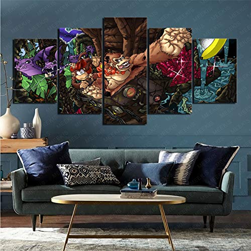 Impresión de Lienzo Tejido Juego de 5 Piezas de Videojuego Donkey Kong Country Ilustraciones enmarcadas para decoración del hogar 80x150cm (sin Marco)