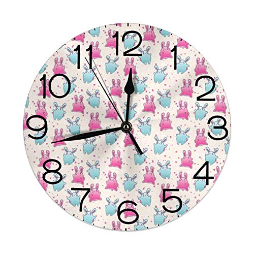 Ingpopol Round Wall Clock Home Decorative New, Kawaii, Children Pattern with Doodles Cartoon Funny Characters Little Hearts, Diameter: 10.2"/Thickness 0.2", Pale Blue Pink Beige