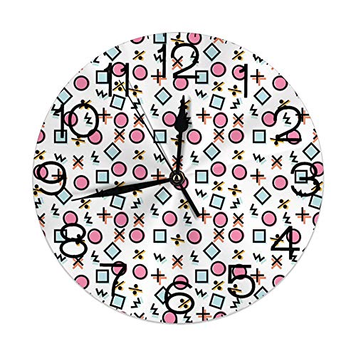 Ingpopol Round Wall Clock Home Decorative New, Pale Pink, Memphis Pattern with Colorful Geometrical Shapes Mathematical, Diameter: 10.2"/Thickness 0.2", Pink Orange Pale Blue
