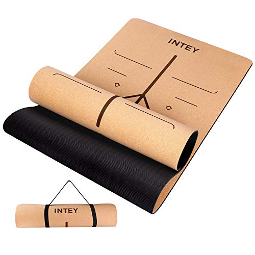 INTEY Esterilla de Yoga de Corcho Antideslizante, Superior TPE Antideslizante Colchonetas de Pilates con Línea Auxiliar 183 x 66 x 7mm, con Bandolera