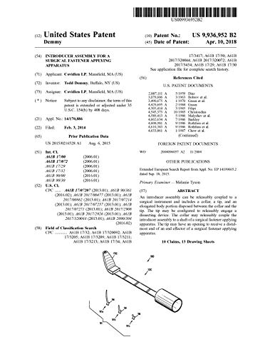 Introducer assembly for a surgical fastener applying apparatus: United States Patent 9936952 (English Edition)